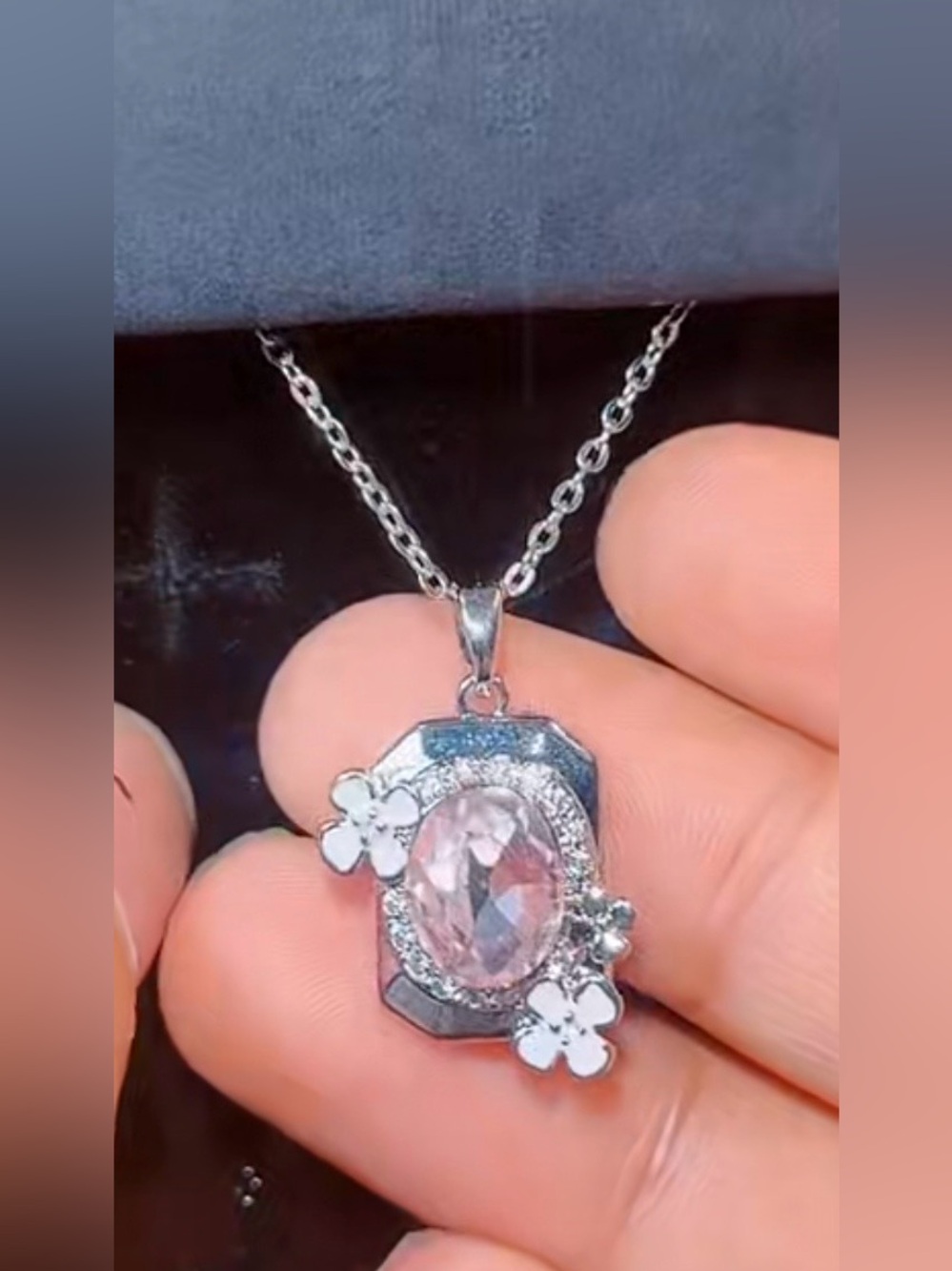 24K WGP Pink Crystal Floral Pendant Necklace